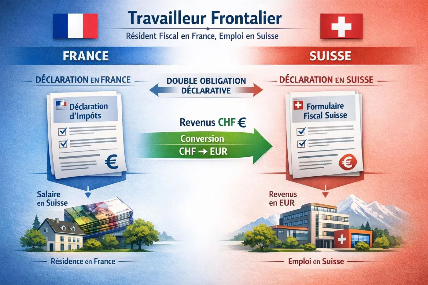 Schéma de la fiscalité des frontaliers franco-suisses